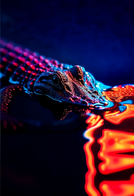 Free photo close up on crocodile in neon light