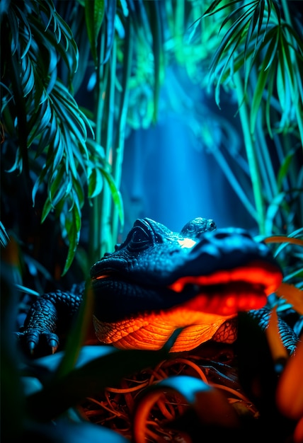 Close up on crocodile in neon light