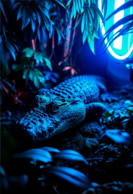 Close up on crocodile in neon light