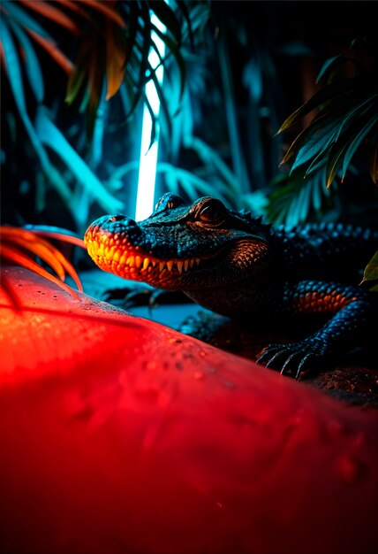 Close up on crocodile in neon light