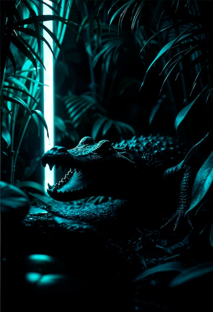 Free photo close up on crocodile in neon light