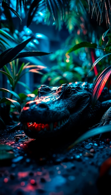 Close up on crocodile in neon light