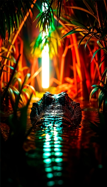 Close up on crocodile in neon light