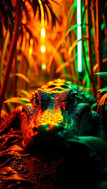 Close up on crocodile in neon light