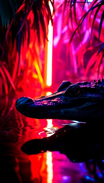 Close up on crocodile in neon light