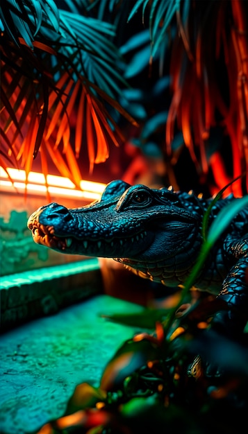 Close up on crocodile in neon light