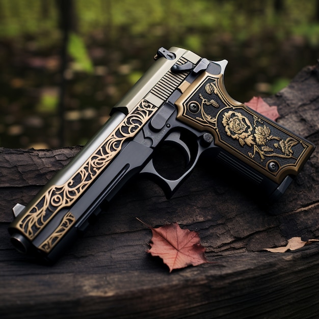 Free Photo close up on decorated gun in nature