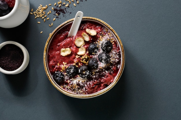 Close up on delicious acai cereal bowl