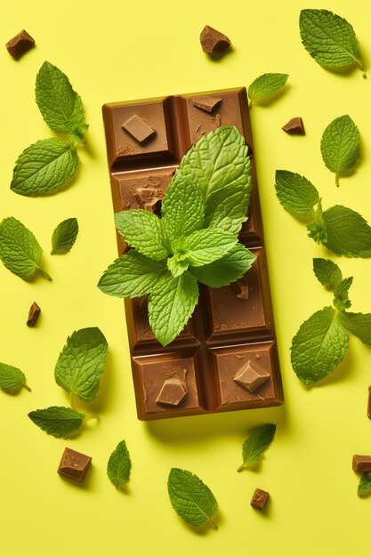 Close up on delicious chocolate bar with mint