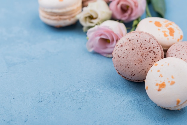 Close-up of delicious macarons with roses