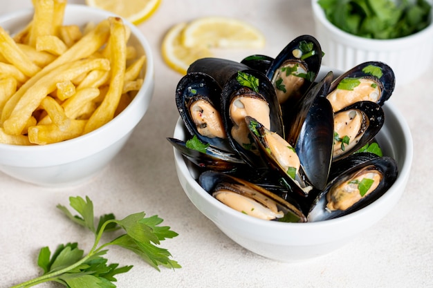 Close-up delicious mussels with parsley