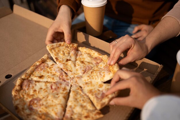 Close-up of delicious pizza in a box