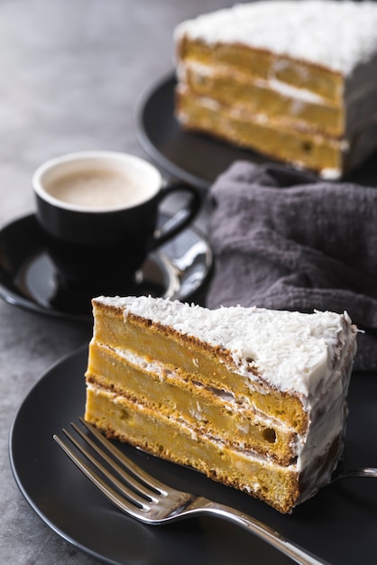 Close-up delicious slices of cake ready to be served