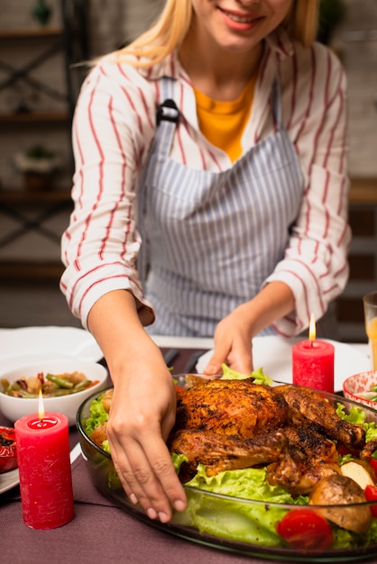 Close-up delicious turkey and salad dressing