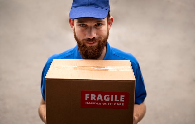 Close up delivery man with fragile box