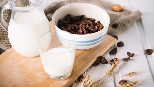 Close-up of dry chocolate flakes with glass of milk