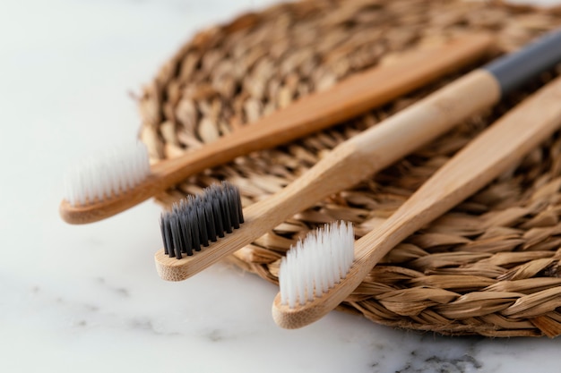 Close up ecological toothbrushes