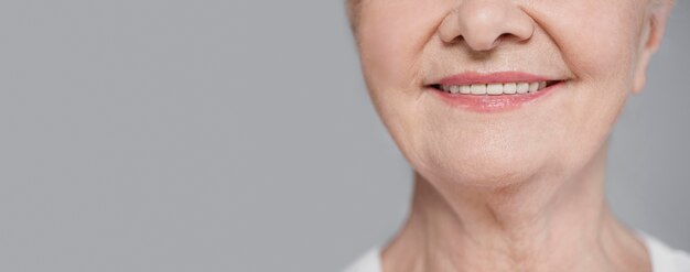 Close-up elderly smiling with copy-space