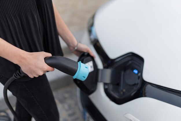 Close up on electric car in france