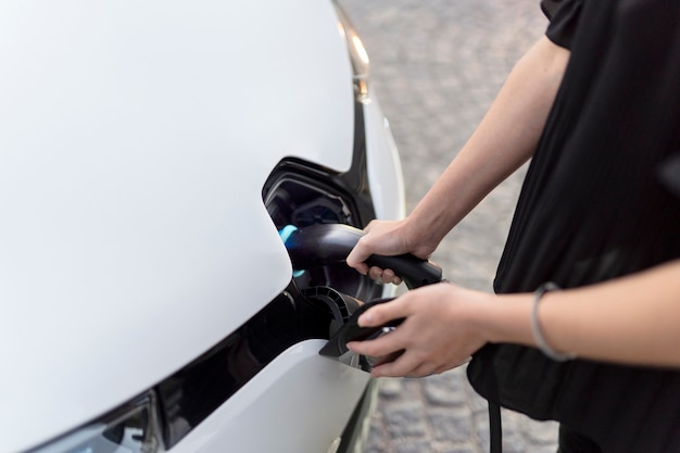 Close up on electric car in france