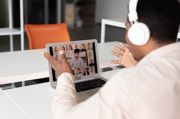 Close up employee with headphones