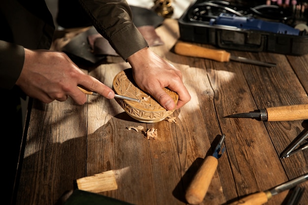 Close up on engraving art tools