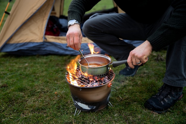 Close up explorer cooking outdoors