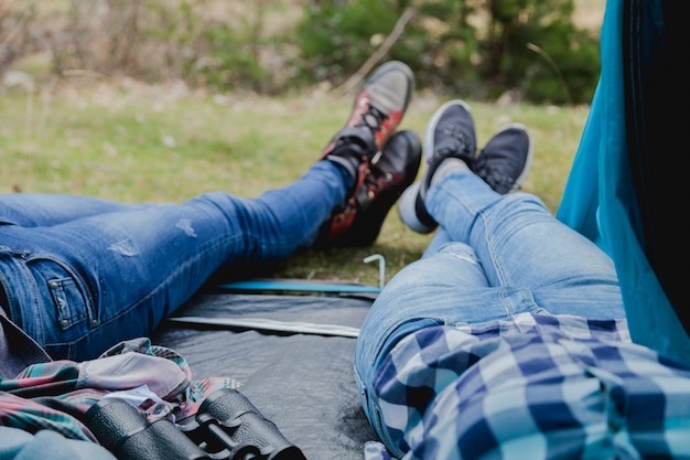 Close-up of feet in the tent