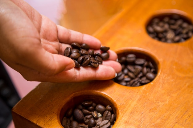 Close-up of female hand holding coffee beans