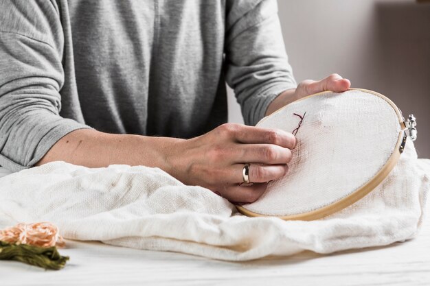 Close-up of female hand sewing embroidery on white fabric