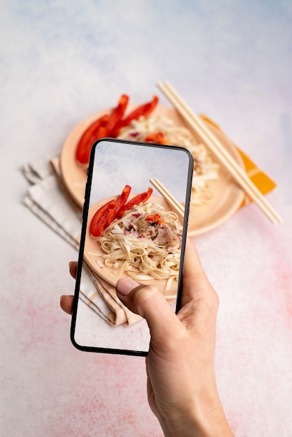 Free photo close up on food lover taking pictures of meal