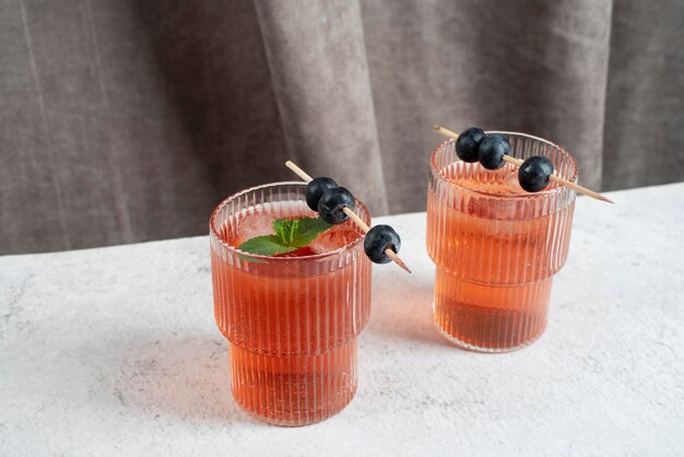 Close up on foods cocktails in tall glass