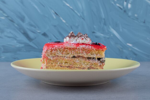 Close up of fresh strawberry cake slice