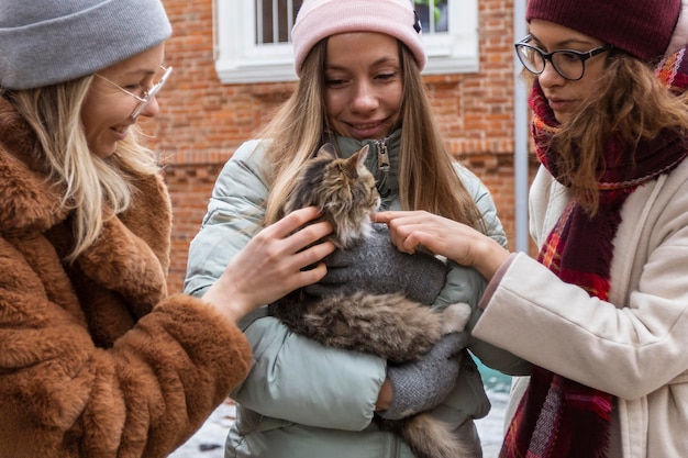 Free Photo close-up friends with cute cat