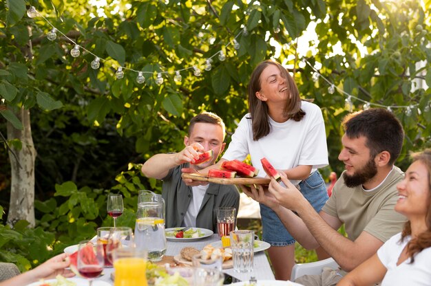 Close up friends with delicious watermelon