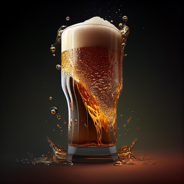 Close up of frothy golden beer in glass generative AI