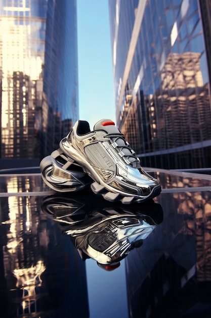 Close up on futuristic sneakers presentation