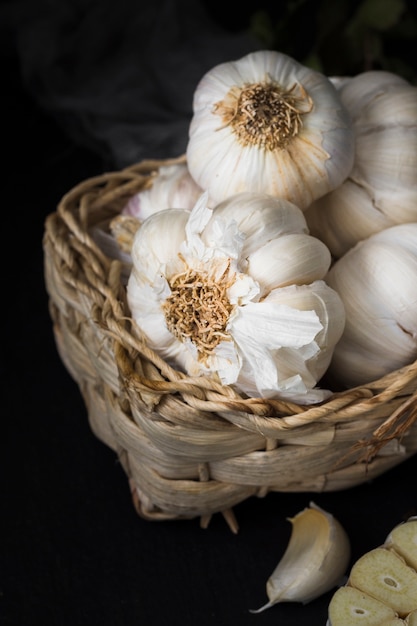 Close up garlic in basket