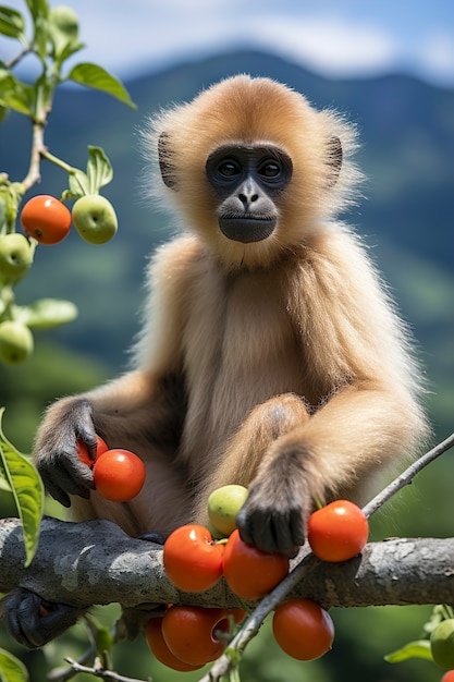 Free photo close up on gibbons in nature with fruits