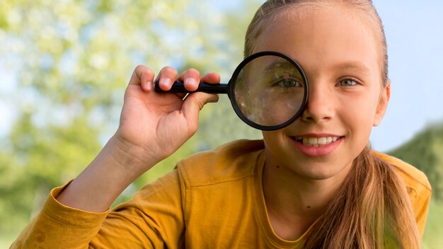 Close up girl with magnifying glass