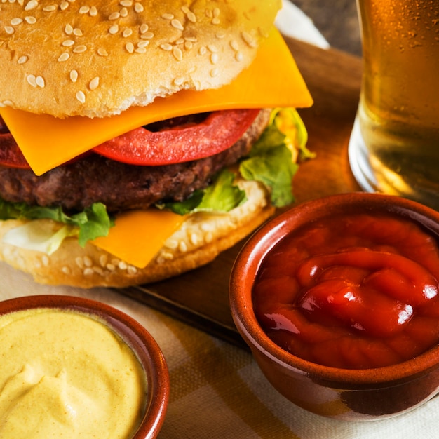 Free photo close-up of glass of beer with cheeseburger and sauce