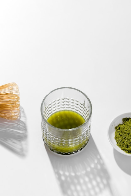 Close-up glass with green matcha tea