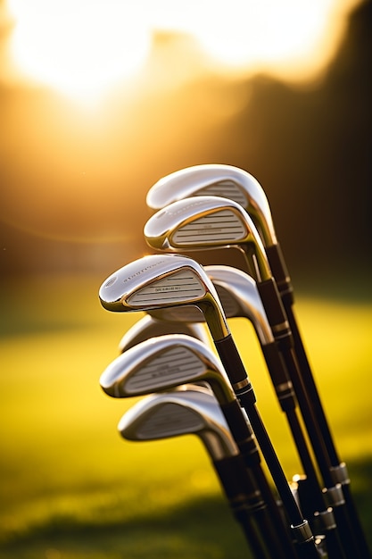 Free Photo close up on golf clubs on grass