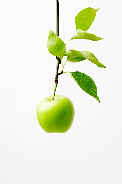 Close up green apple on branch