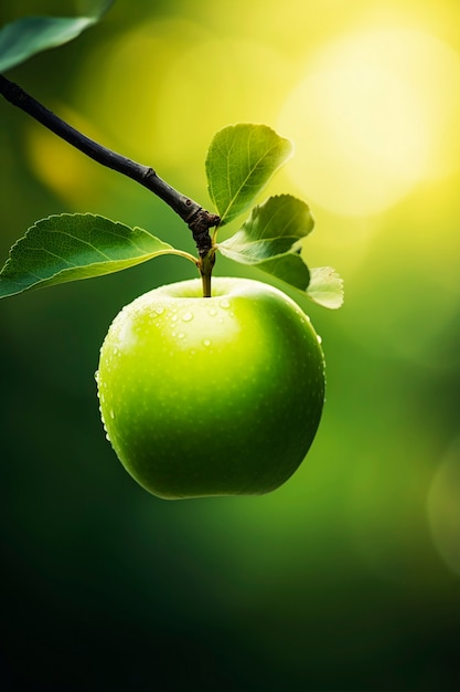 Close up green apple on branch