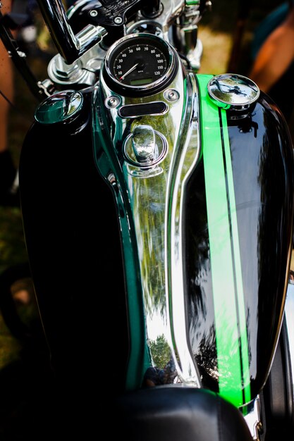 Close up green motorbike patrts