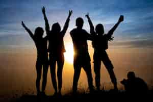 Free photo close-up. a group of tourists meet the dawn on the volcano batur. bali indonesia