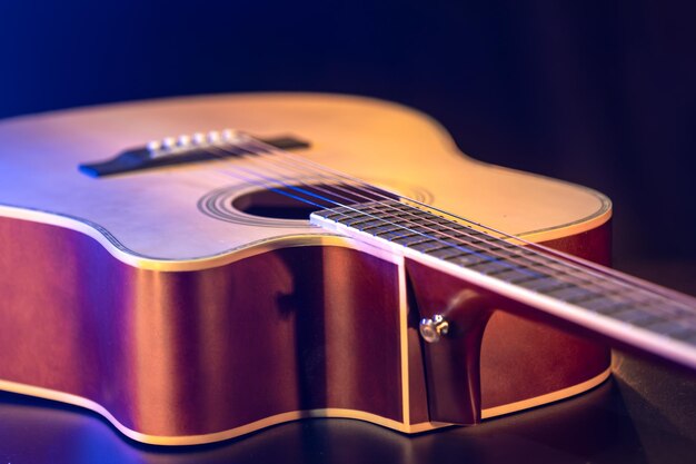 Close up of guitar and strings with shallow depth of field soft focus