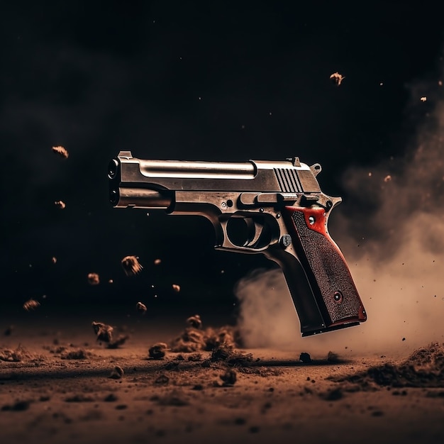 Close up on gun surrounded by gun powder after shooting