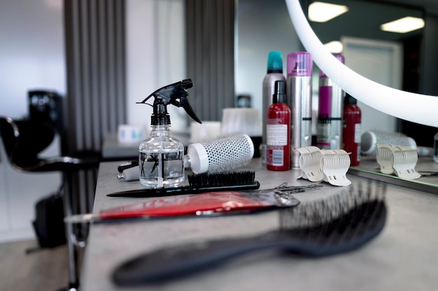 Close up on hairdresser shop instruments